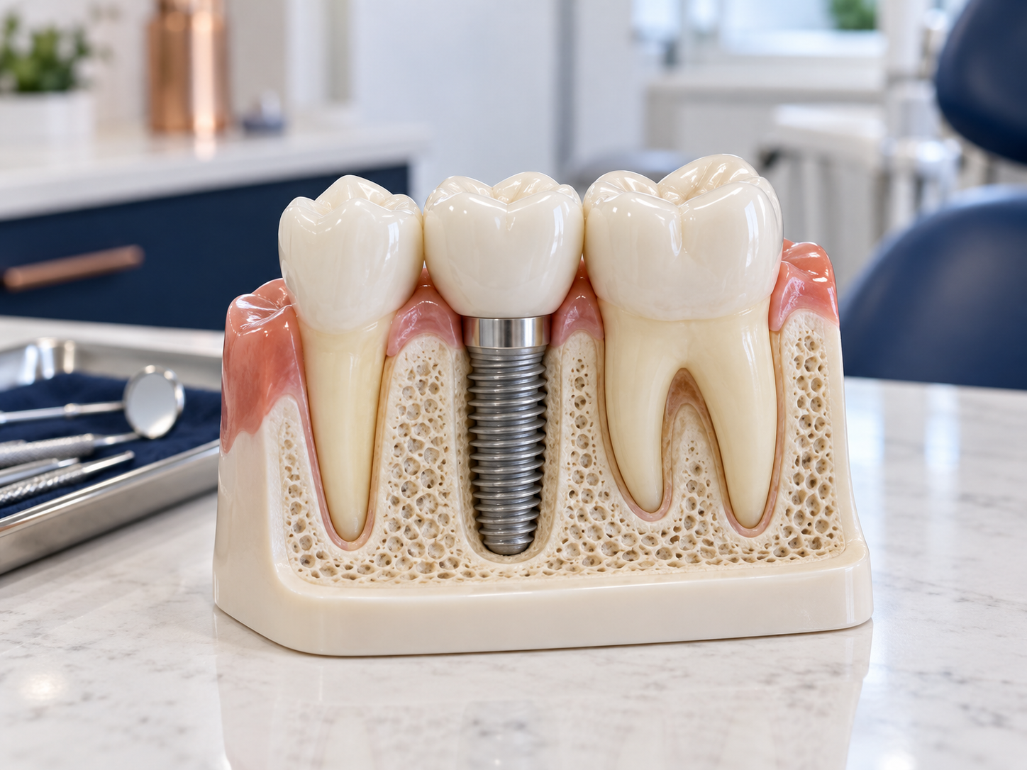 Modelo odontológico com implante dentário e coroa